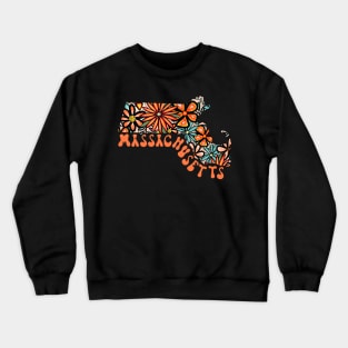 Massachusetts State Design | Artist Designed Illustration Featuring Massachusetts State Outline Filled With Retro Flowers with Retro Hand-Lettering Crewneck Sweatshirt